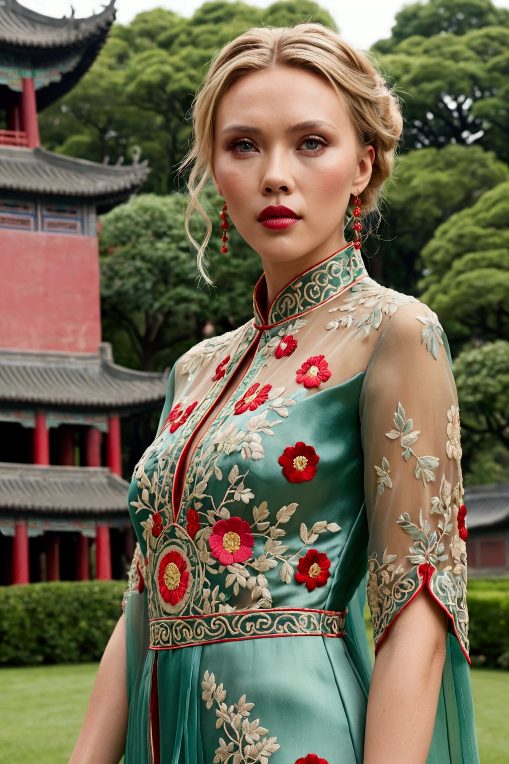 1 woman (Scarlett Johannsson, age 25, intricate silk Chinese dress with lots of embroidery sheer with several large slits, no underwear, traditional hairstyle and Chinese makeup) wandering through a palace garden