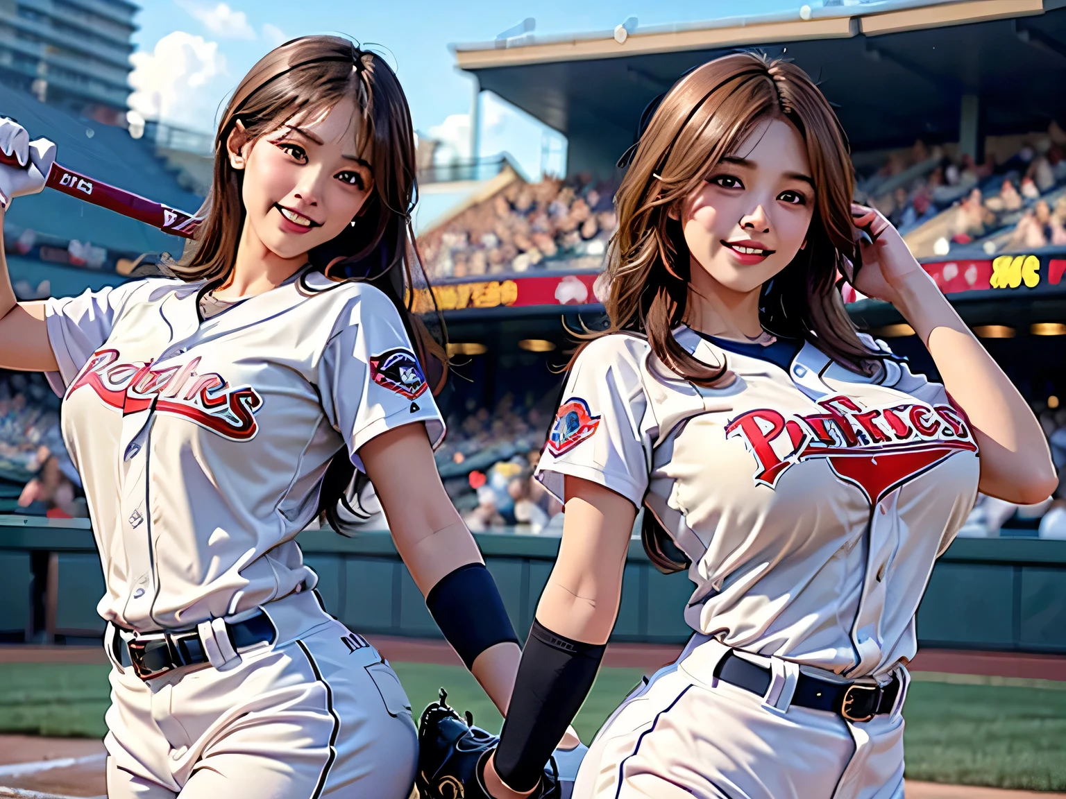 group_mf, 
a young and beautiful female baseball player wearing a baseball uniform playing a female baseball game in a stadium, dynamic plays, hourglass figure, huge breasts, confident smile, (best quality, 4k, 8k, highres, masterpiece:1.2), ultra-detailed,(realistic, photorealistic, photo-realistic:1.37), beautiful detailed eyes, beautiful detailed lips, extremely detailed eyes and face, longeyelashes, 3girl, baseball, stadium, dynamic action, hourglass figure, huge breasts, confident smile, warm lighting, vibrant colors, (Dynamic batting and pitching:1.3)