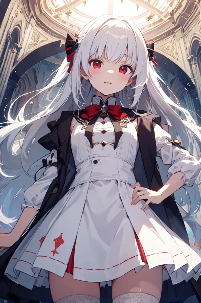 Beautiful illustrations, Highest quality, Cute girl, (Conversion Sequence), Transformation Magical Girl, Little, White Magical Girl, Fractal Art, albino, Baby Face, Long pure white red mesh hair, Beautiful and detailed red eyes, Cinema Lighting, Cowboy Shot, View your viewers, From below, Happy