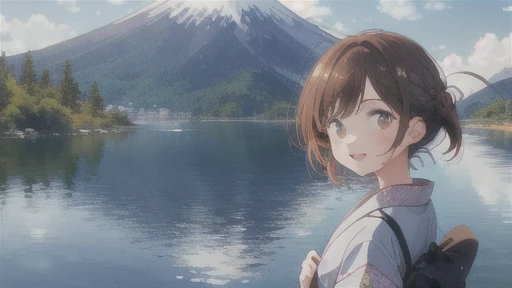 top-quality、Lakeside in front of the mountain. mt. Fuji、girl with、solo、Smiling at the screen、during daytime、summer、kimono、Open the parasol、Beautiful blue sky、