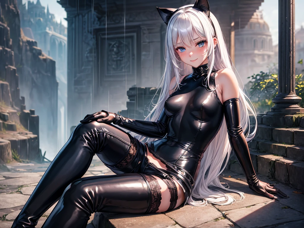 (((top-quality, masterpiece))), ((masterpiece, best quality;1.3)), ultra detailed, 8k unity wallpapers, CG, ray tracing, illustration, colorful, cinematic shadow, extremely detailed and beautiful background,vhd, shadering VRay,RT, 1girl, smile, age, blush, happy, smiling, solo, blue eyes, (blush), (white hair), (long straight hair), (((small breasts))), slim waist, white glowing skin, nice hips, highly detailed beautiful face, beautiful face, beautiful deep eyes, sexy, lewd, ultra detailed, scenic (sexual intention), ((Masterpiece, Excellent, complex details)), delicate girl, delicate face, anime, best quality, high quality, beautiful girl, high detail, (((black leather catsuit shorts))), (((leather thigh high boots))), (((some lace details))), headband with latex cat ears, black leather gloves, bare thighs, open shoulders, (thick thighs), nice long legs, lipstick, detailed face, pretty face, embarrassed blushing face, humiliated, outside, sitting on big stone stepstair, (raining), (rainy atmosphere)