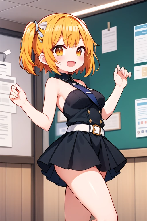 Highly detailed and realistic CG, Colorful, Masterpiece, Best Quality, jewel-like eyes, daizu, 1girl, solo, li, chlemin yellow hair, short hair, long twintails, black school uniform, miniskirt, loose socks, school shoes, jig eyes, half-closed eye, contrapposto, full body, petite, midium breasts, blush, standing, Halftone dots, displeasure,