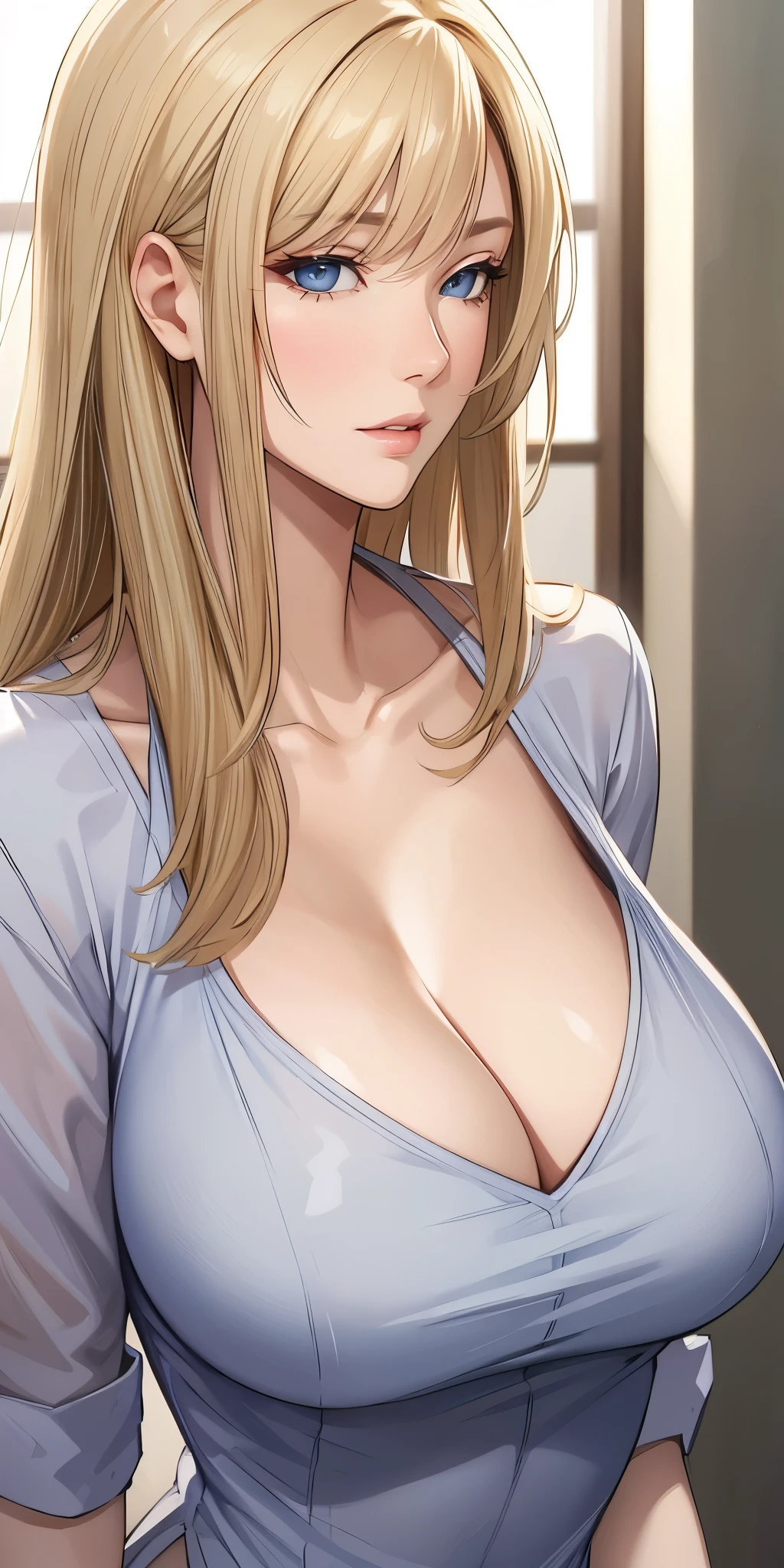 Realistic, Elegant mature woman, milf, blushing, blue eyes, blonde hair, soft light, 4k resolution, high quality, beautiful cg