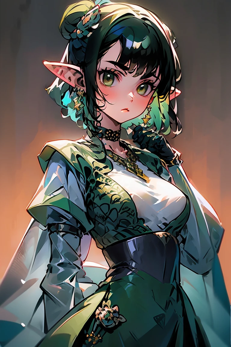 ((ultra quality)), ((masterpiece)), Goblin Girl, Short stature, ((black long hair tied in a ponytail)), (beautiful face), (beautiful female lips), (gold earrings in ears), Charming, ((sexy facial expression)), is looking at the camera, eyes slightly open, (Skin color: green), (green skin), Body glare, ((detailed beautiful female eyes)), ((green eyes)), (juicy female lips), (dark eyeliner, brown lipstick), (beautiful female hands), ((perfect female figure)), the perfect female body, Beautiful waist, Gorgeous hips, Beautiful medium breasts, ((Subtle and beautiful)), seductively worth it (Rear view), background: forest, ((Depth of field)), ((high-quality clear image)), (crisp details), ((highly detailed)), Realistic, Professional Photo Session, ((Clear Focus)), the anime