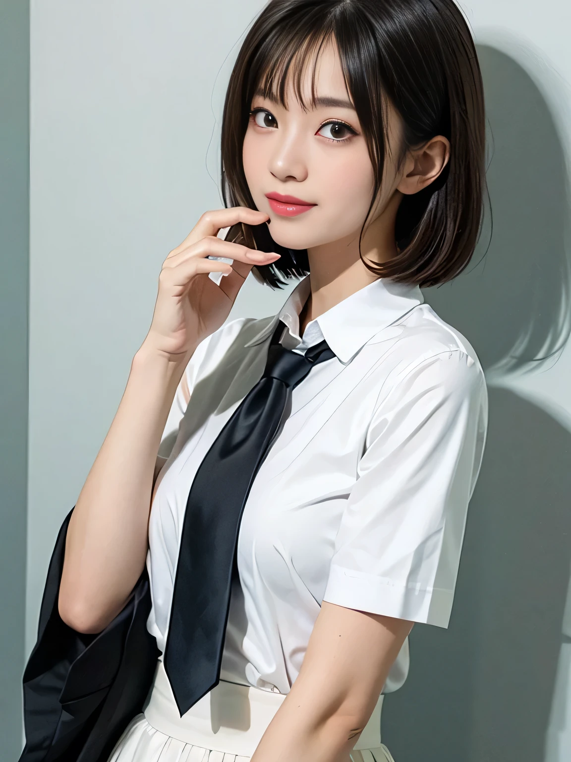 Highest quality、Figures、iPhone,Taking a selfie with a black smartphone、one person、Cute Girls、sexly、Slender、Red tie、White shirt、Navy blue exy))、Very detailed、Fine details、Slim Body、Slender、Japanese Girls、High resolution、8k、wallpaper、Perfect dynamic composition、Beautiful fine details、Short Bob Hair、Big natural color lip、大胆なsexlyポーズ、smile、Cold Stare、18 year old girl、Cute、Lolita、Good eyesight、whole body、Light blue wall、smile、