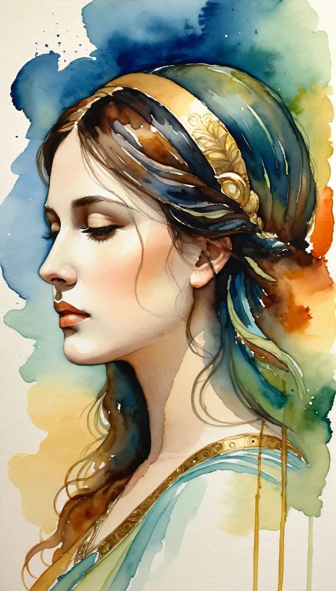 masterpiece,Acrylic watercolor painting of Circe,profile,(Beautiful gradation created by layering),(Tarashikomi technique),A delicate touch