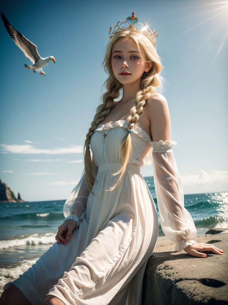 ,((best quality best))),8k,((masterpiece)),(very delicately beautiful), There was a girl coming out of the sea, Swan princess in Russian mythology, beautiful and calm face, eblue eyes, braided long blonde hair, Moon pigtails on the back of the head, Shiny white old clothes from Russia,wearing a Kokosnik crown, friendly expression, half smile, The face has a gentle expression, With seascape and sunlight in the background, Seagulls in the sky, total length, hentale realism