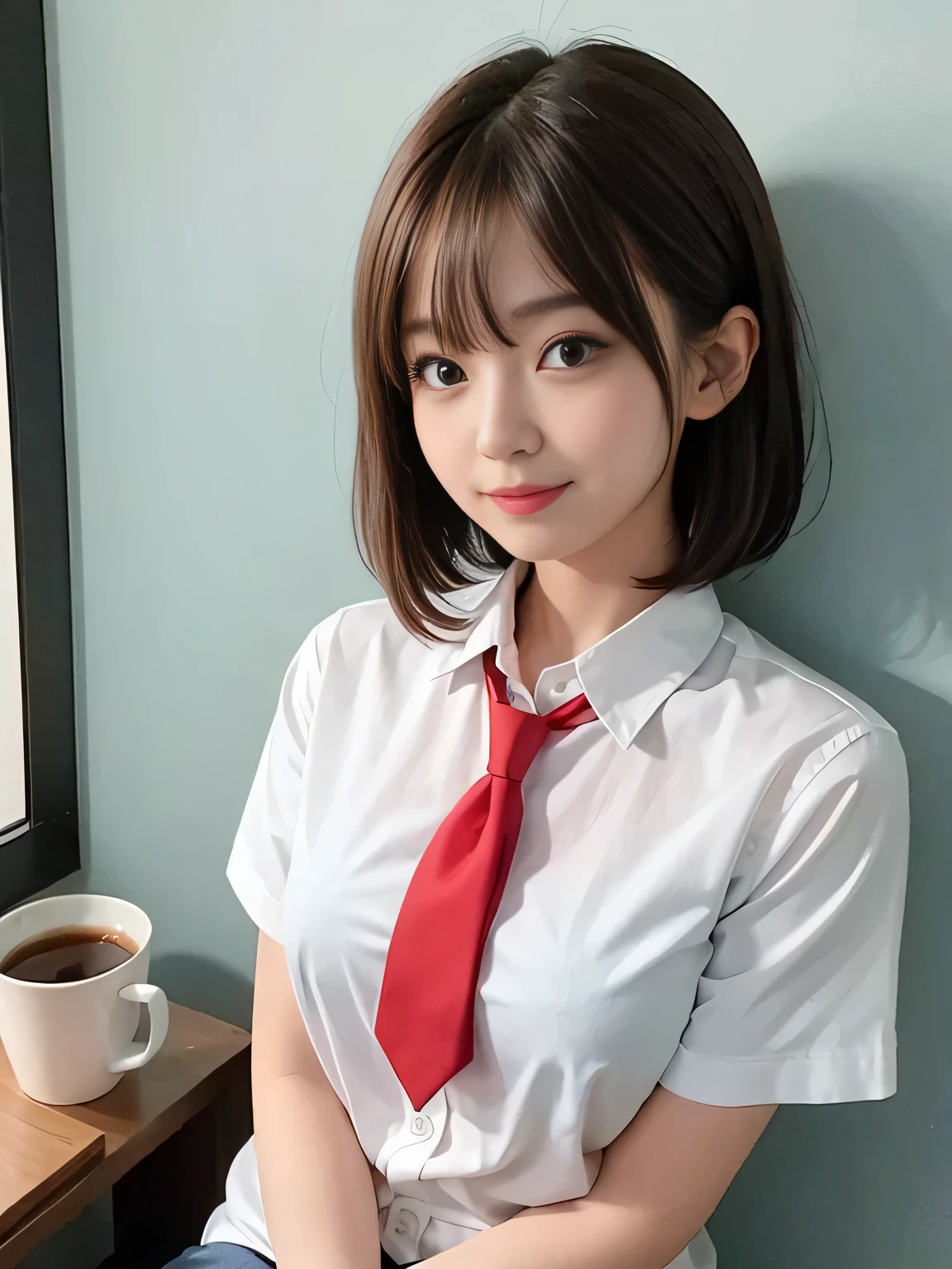 Highest quality、Figures、iPhone,Taking a selfie with a black smartphone、one person、Cute Girls、sexly、Slender、Red tie、White shirt、Navy blue exy))、Very detailed、Fine details、Slim Body、Slender、Japanese Girls、High resolution、8k、wallpaper、Perfect dynamic composition、Beautiful fine details、Short Bob Hair、Big natural color lip、大胆なsexlyポーズ、smile、Cold Stare、18 year old girl、Cute、ta、Good eyesight、whole body、Light blue wall、smile、