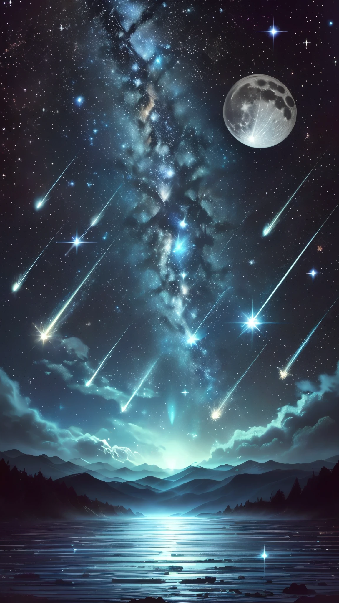 Night sky with stars and a full moon, Background artwork, perseides Meteors, Night sky full of meteorites, Meteors, shooting star, Meteorites fall, 背景にshooting star, Meteorites fall from the sky, Star-studded sky, breathtaking stars, Starry sky background, Night sky with dazzling stars, Stars in the sky