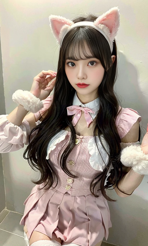 (RAW photo: 1.2), (realistic: 1.4), beautiful and meticulous girl, extremely detailed eyes and face, beautifully detailed eyes, absurd, unbelievably ridiculous resolution, huge file size, ultra-detailed, KHD, simple background, one girl, half-up hair style , she wear cute Japanese idol outfit featuring a pastel-colored dress with a fluffy tulle skirt, delicate lace accents, and a ribbon belt. The dress has puffed sleeves and a sweetheart neckline. The outfit is completed with matching knee-high socks and stylish shoes. The color scheme is soft pink, white, and baby blue. The design includes subtle heart and star patterns, giving a sweet and playful vibe. The model has a cheerful expression and is styled with a half-up hairstyle adorned with a bow.