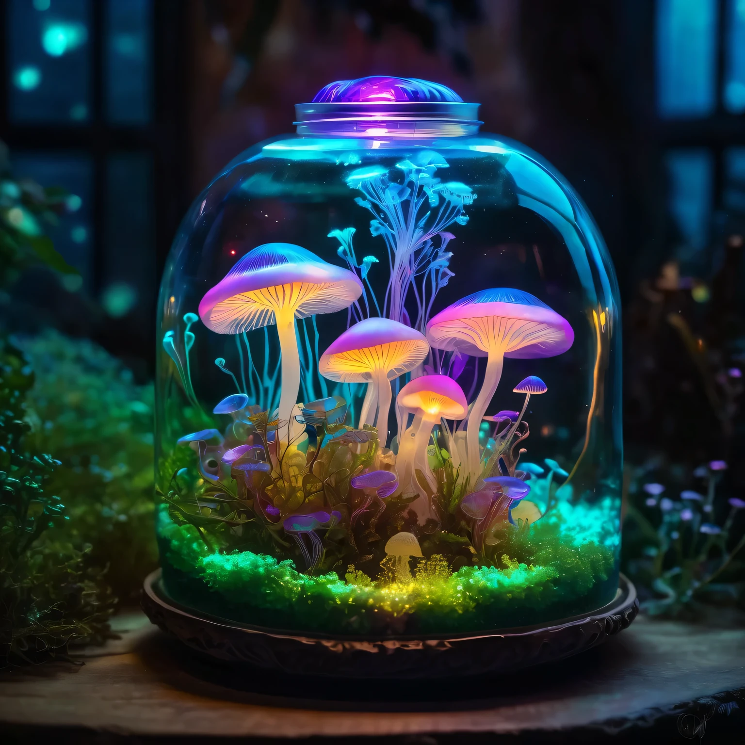 Dreamlike fantasy art, glowing mushrooms in a jellyfish terrarium, iridescent colors, bioluminescent glow, detailed and magical.
