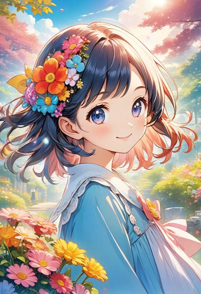 Anime smiling girl with flowers in hair and blue dress, Cute girl anime visuals, Official Artwork, sayori, Official Anime Artwork, digital Anime illustration, Official illustrations, Cute Anime Girl Portrait, Anime illustration, Kyoto Animation Style, high detailed Official Artwork, Anime Graphic Illustration, Anime-style illustrations, Official Art, Dreamy psychedelic anime, Beautiful anime portraits