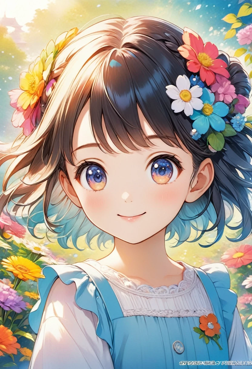 Anime smiling girl with flowers in hair and blue dress, Cute girl anime visuals, Official Artwork, sayori, Official Anime Artwork, digital Anime illustration, Official illustrations, Cute Anime Girl Portrait, Anime illustration, Kyoto Animation Style, high detailed Official Artwork, Anime Graphic Illustration, Anime-style illustrations, Official Art, Dreamy psychedelic anime, Beautiful anime portraits