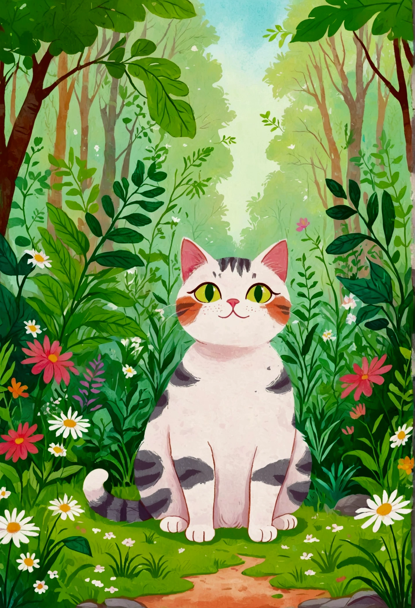 Illustration of a cat with a green patch of grass and plants, cats and plants, Cat design, Illustration of a cat, Drawn in a whimsical style, Anthropomorphic cat, Colorfull illustration, Cute illustrations, Happy cat, A painting of a cat, a A painting of a cat, cat in the forest, cat detailed, Fat Cat, Color illustrations