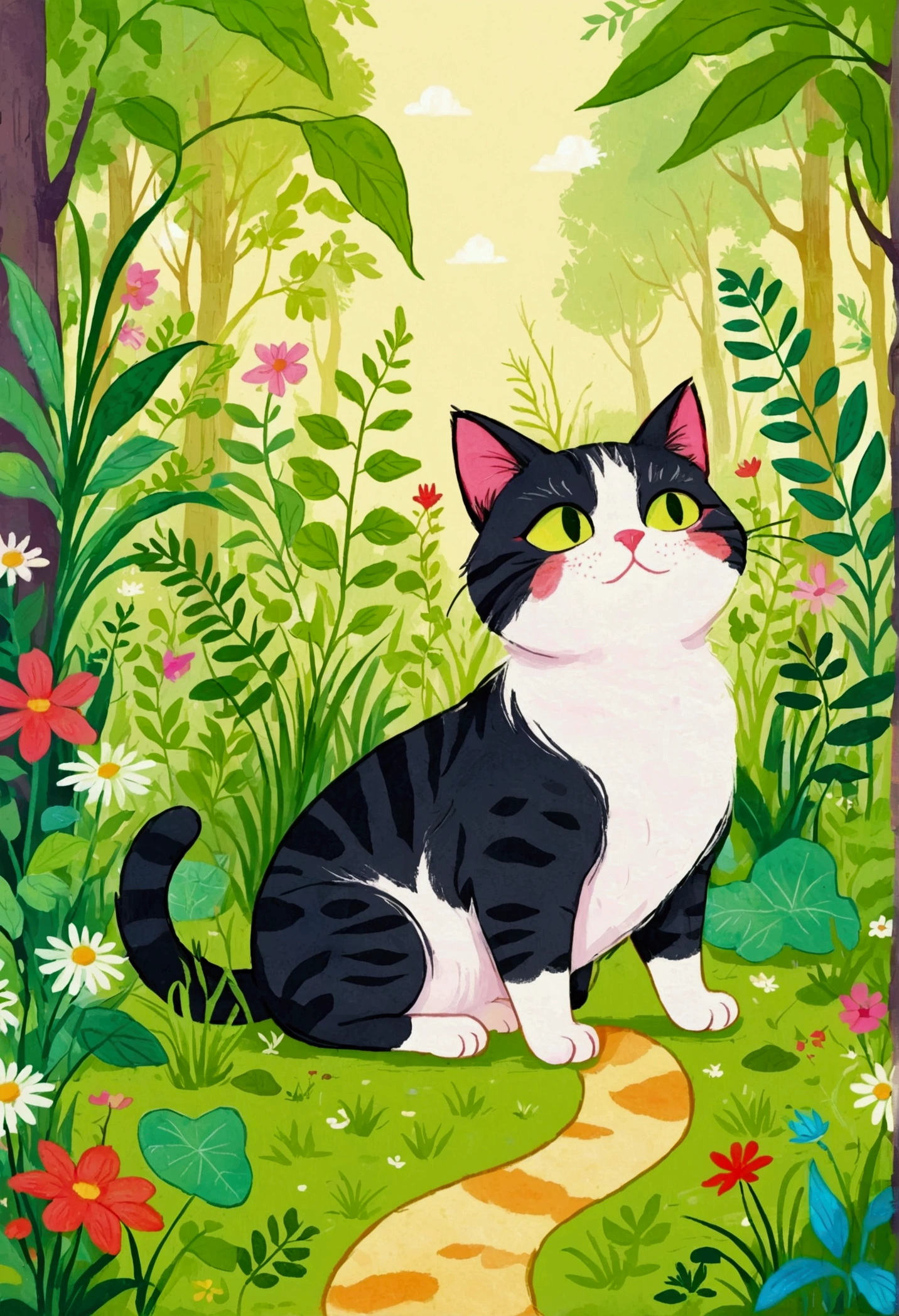 Illustration of a cat with a green patch of grass and plants, Digital Art by Relja Penezic, shutter, Furry Art, cats and plants, Cat design, Illustration of a cat, Drawn in a whimsical style, Anthropomorphic cat, Colorfull illustration, Cute illustrations, Happy cat, A painting of a cat, a A painting of a cat