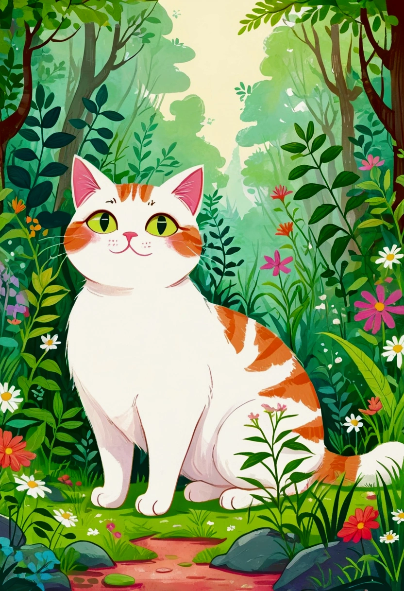 Illustration of a cat with a green patch of grass and plants, Digital Art by Relja Penezic, shutter, Furry Art, cats and plants, Cat design, Illustration of a cat, Drawn in a whimsical style, Anthropomorphic cat, Colorfull illustration, Cute illustrations, Happy cat, A painting of a cat, a A painting of a cat