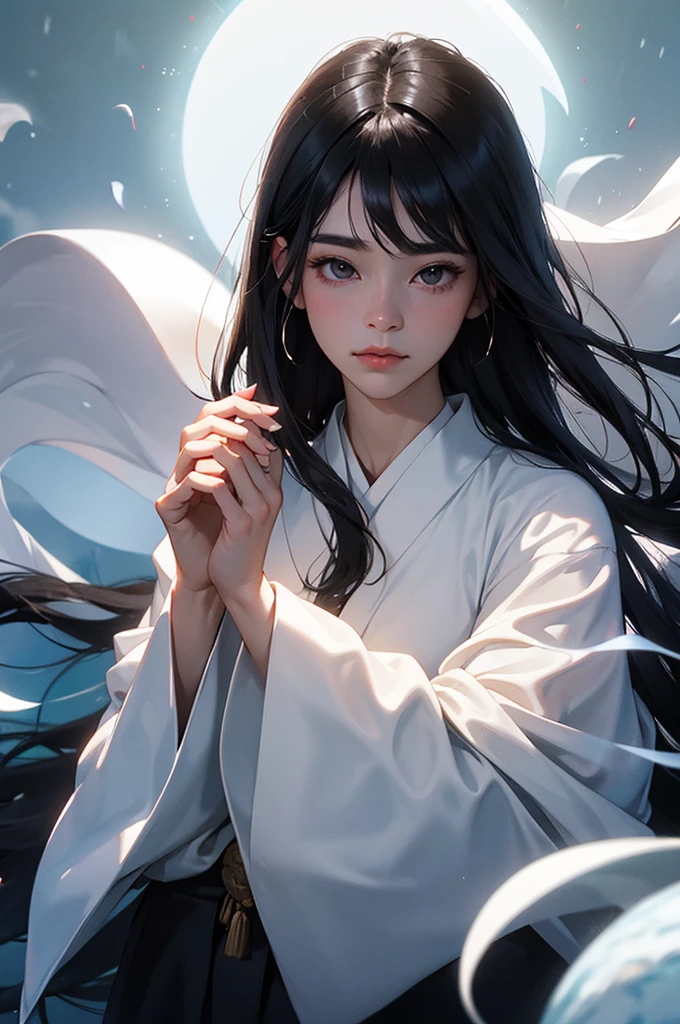 The ghost of a beautiful woman wearing a white kimono and black hair that shines through the fantastical mist