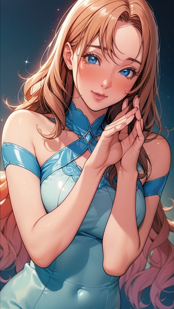 30-year-old Caucasian woman、Soft wavy long hair、light makeup、Shiny hair quality、Sparkling blue eyes、Unparalleled anatomical accuracy、Perfect Fingers、blushing shyly、Look at me through the gap between your hands、Look at me sideways、A feminine and soft body、Shiny red off-the-shoulder mini top、Upper Body Shot、
