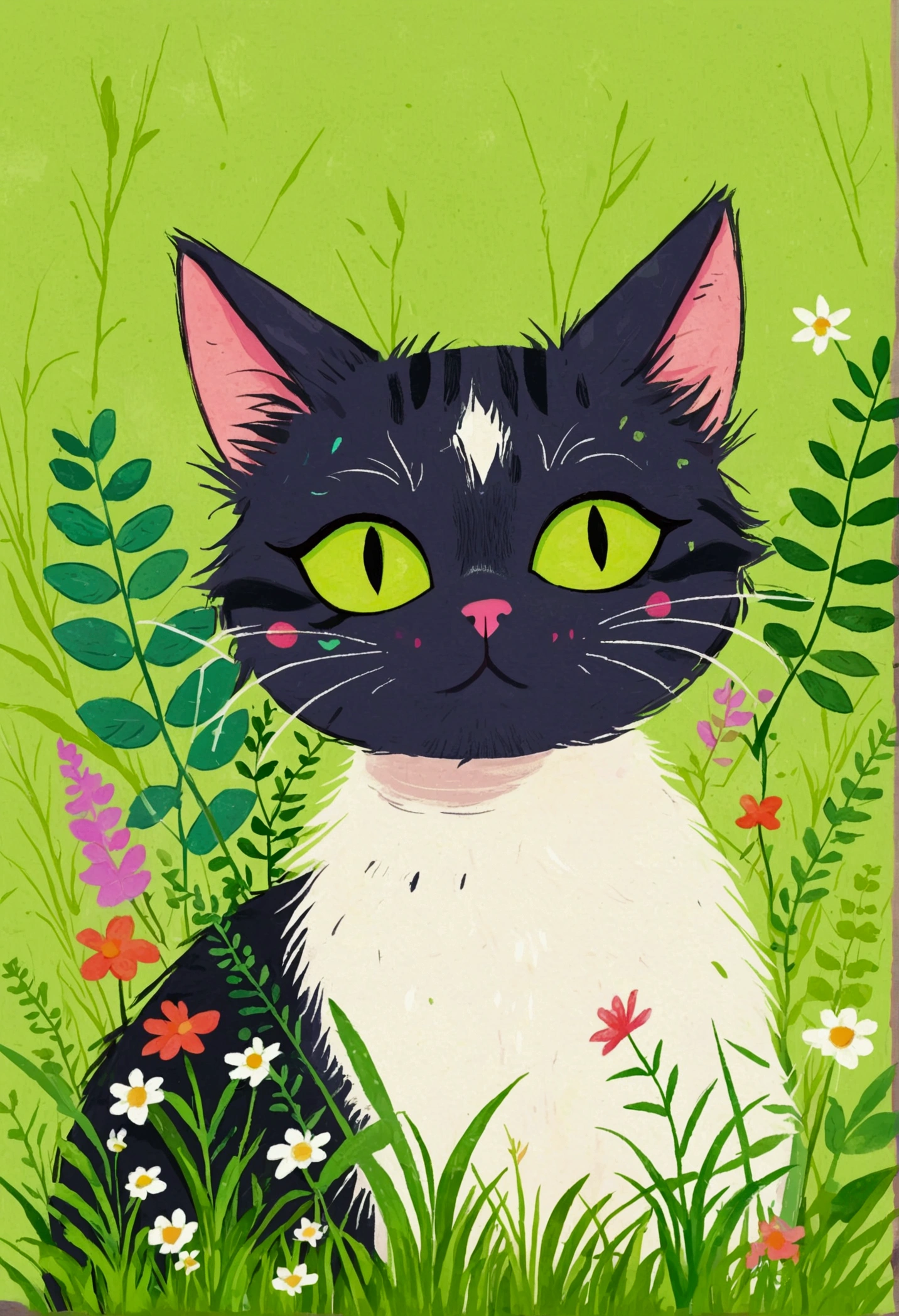 Illustration of a cat with a green patch of grass and plants, Digital Art by Relja Penezic, shutter, Furry Art, cats and plants, Cat design, Illustration of a cat, Drawn in a whimsical style, Anthropomorphic cat, Colorfull illustration, Cute illustrations, Happy cat, A painting of a cat, a A painting of a cat