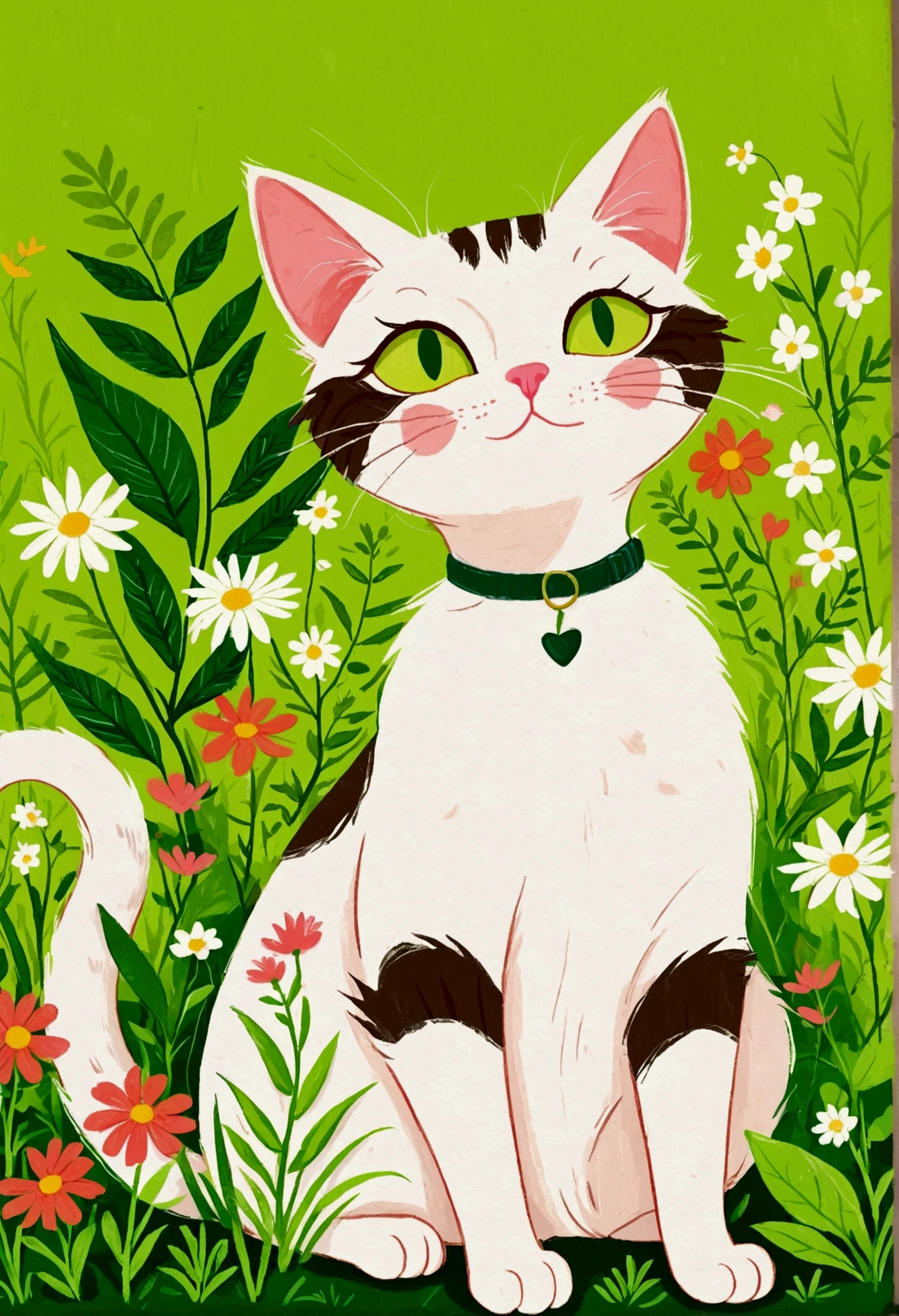 Illustration of a cat with a green patch of grass and plants, Digital Art by Relja Penezic, shutter, Furry Art, cats and plants, Cat design, Illustration of a cat, Drawn in a whimsical style, Anthropomorphic cat, Colorfull illustration, Cute illustrations, Happy cat, A painting of a cat, a A painting of a cat