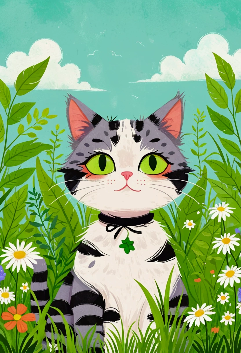 Illustration of a cat with a green patch of grass and plants, Digital Art by Relja Penezic, shutter, Furry Art, cats and plants, Cat design, Illustration of a cat, Drawn in a whimsical style, Anthropomorphic cat, Colorfull illustration, Cute illustrations, Happy cat, A painting of a cat, a A painting of a cat