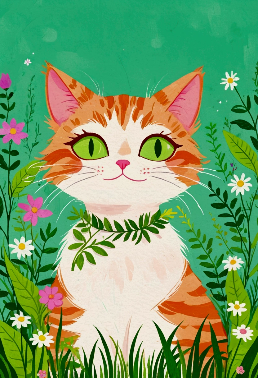 Illustration of a cat with a green patch of grass and plants, Digital Art by Relja Penezic, shutter, Furry Art, cats and plants, Cat design, Illustration of a cat, Drawn in a whimsical style, Anthropomorphic cat, Colorfull illustration, Cute illustrations, Happy cat, A painting of a cat, a A painting of a cat