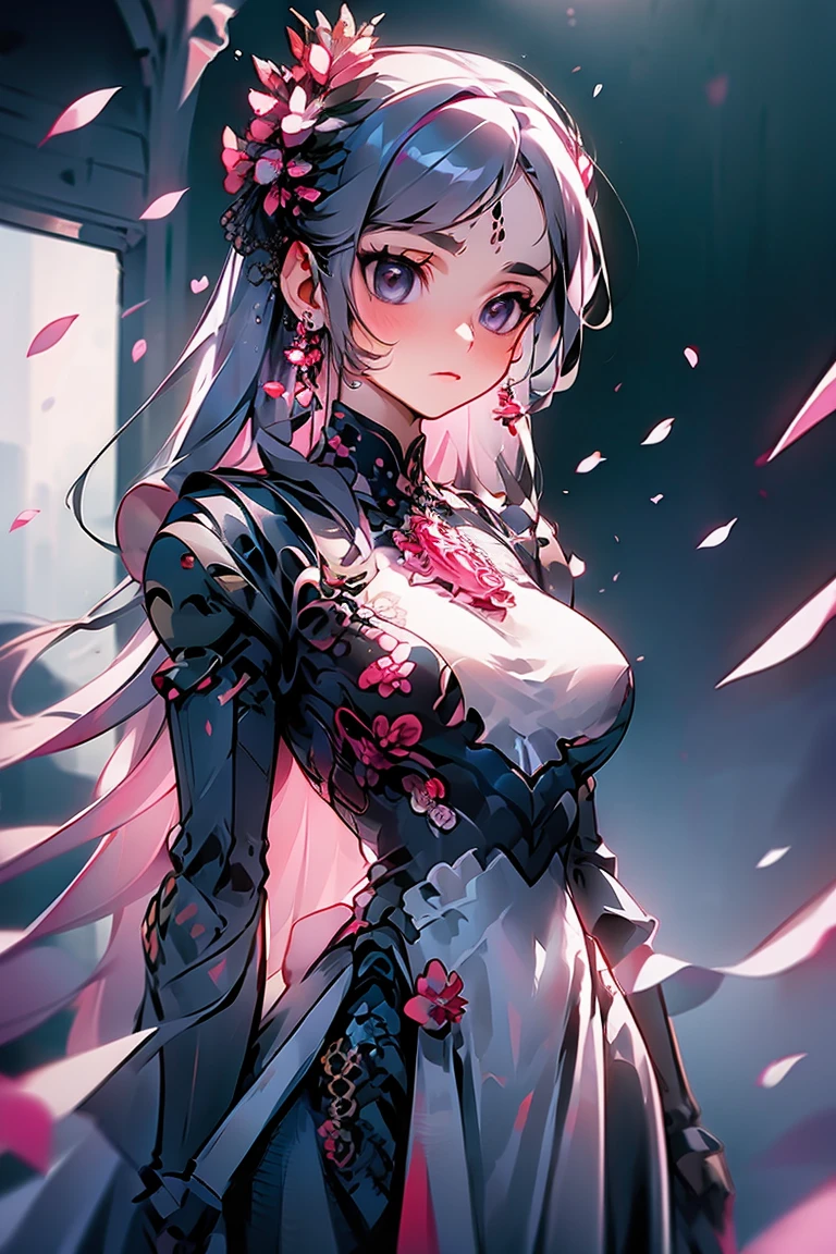 1girl, pink hair, solo, jewelry, earrings, dress, long hair, grey eyes, medium breasts, gloves, closed mouth, upper body