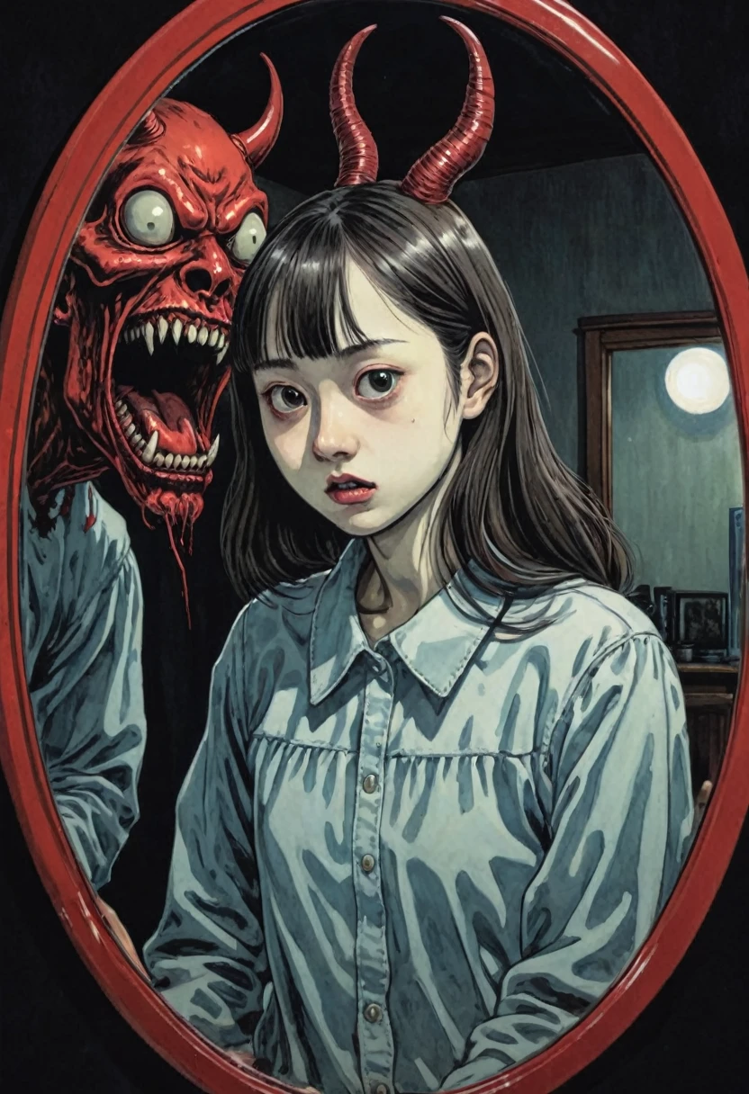 Junji Ito girl saw a devil riding on her shoulders in the mirror reflection. Night horror