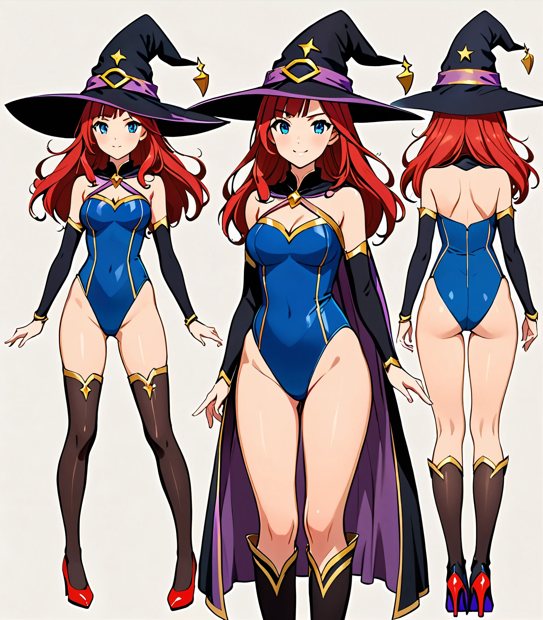 (1girl, high school student, superhero, superhero sorceress witch, sky witch, (leotard, blue leotard with white accents), bare legs, (blue thigh-highs, red high heels), witch hat, red hair, long hair, blue eyes, beautiful detailed eyes, beautiful detailed face, cute face, medium breasts, age 16-18, solo, solo focus, wonder, Simple background, Multiple Views, Character Sheet Full-Length.