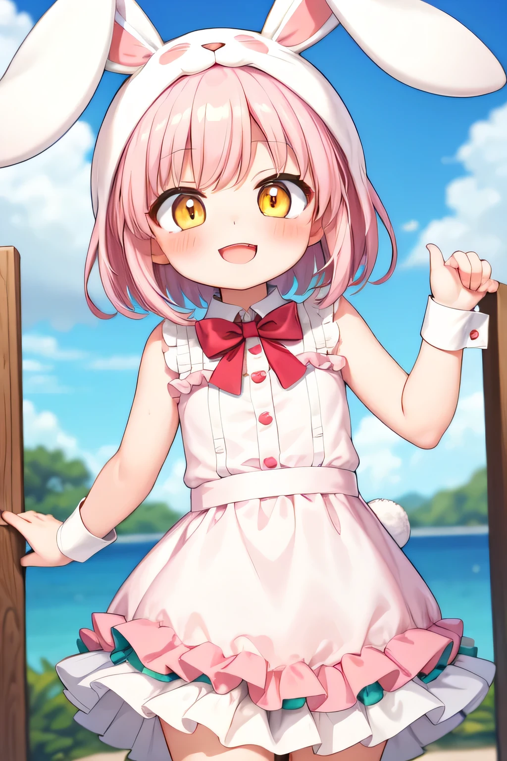 rabbit girl, light pink hair, short hair, happy smile, yellow-eyes, blush, _girl,cute_loli, bbit costume , cheerful, 