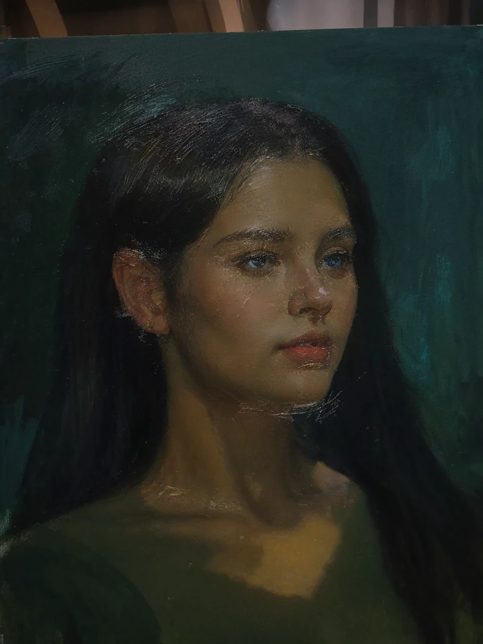a young woman, oil painting, academic style, bold brush strokes, detailed facial features, mesmerizing eyes, flawless skin, elegant pose, chiaroscuro lighting, dramatic shadows, vibrant colors, photorealistic, ultra-detailed, 8k, best quality, masterpiece