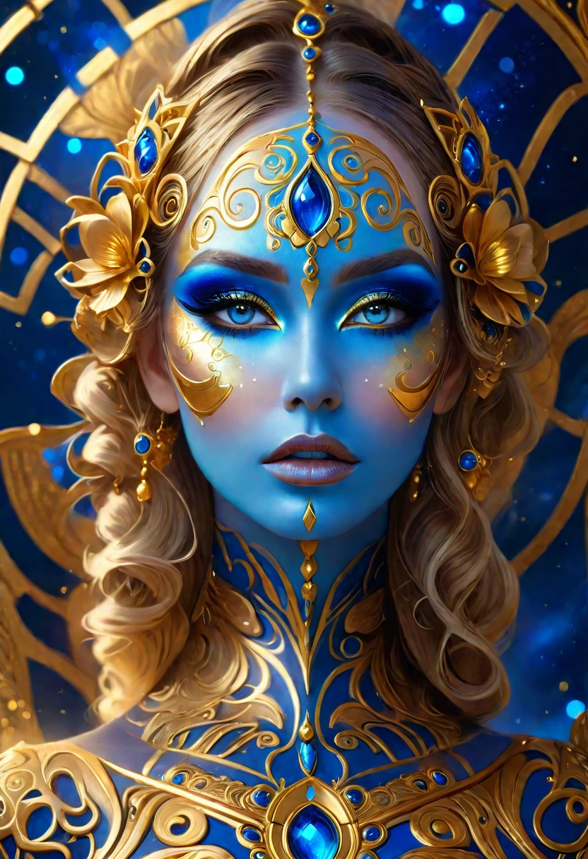 a closeup of a woman with blue and gold makeup, beautiful fantasy art portrait, Highly detailed 4k digital art, gorgeous digital art, karol behind uhd, A stunning portrait of a goddess, beautiful fantasy portrait, detailed fantasy digital art, beautiful digital artwork, beautiful gorgeous digital art, beautiful intricate face, awesome digital art, Beautiful UHD 4K art