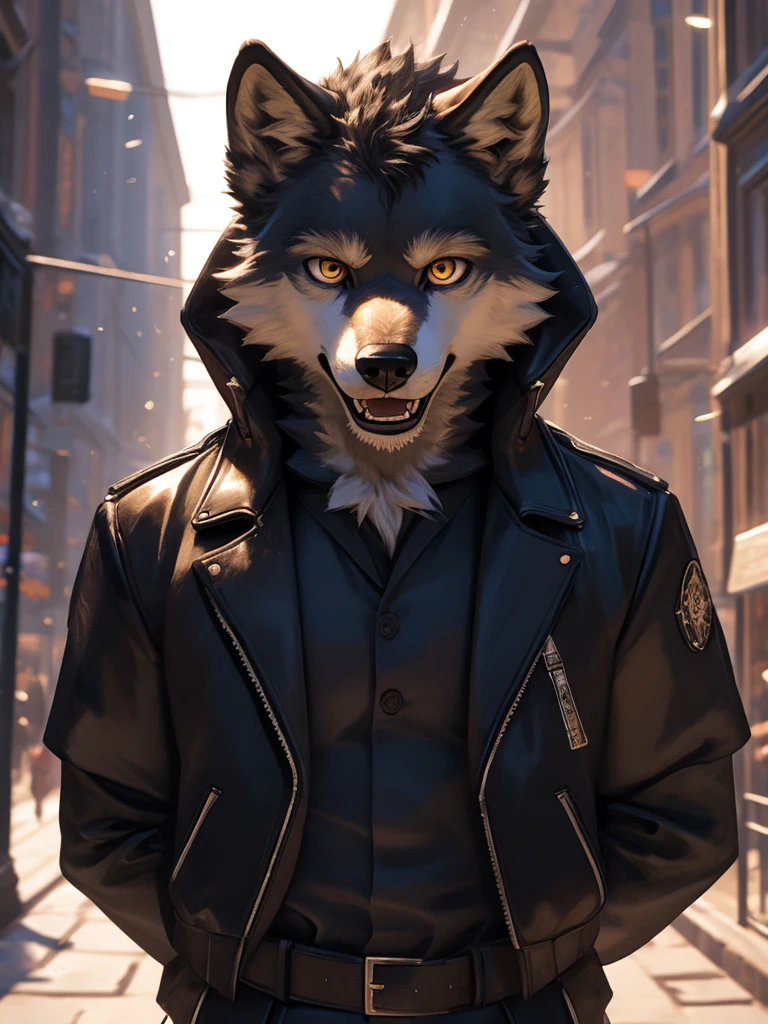 Close up, A white teenager wolf, dressed in black, black leather jacket, black leather shots, golden eyes, slim body, sexy outfits, anthropomorphic, extra detailed body, detailed body, Best quality, masterpiece, ultra high res,detailed background,realistic, real shadow and light,depth of field, (looking at viewer), details skin, charming, naughty boy, open mouth, sexy pose, clear glasses, silver fur.