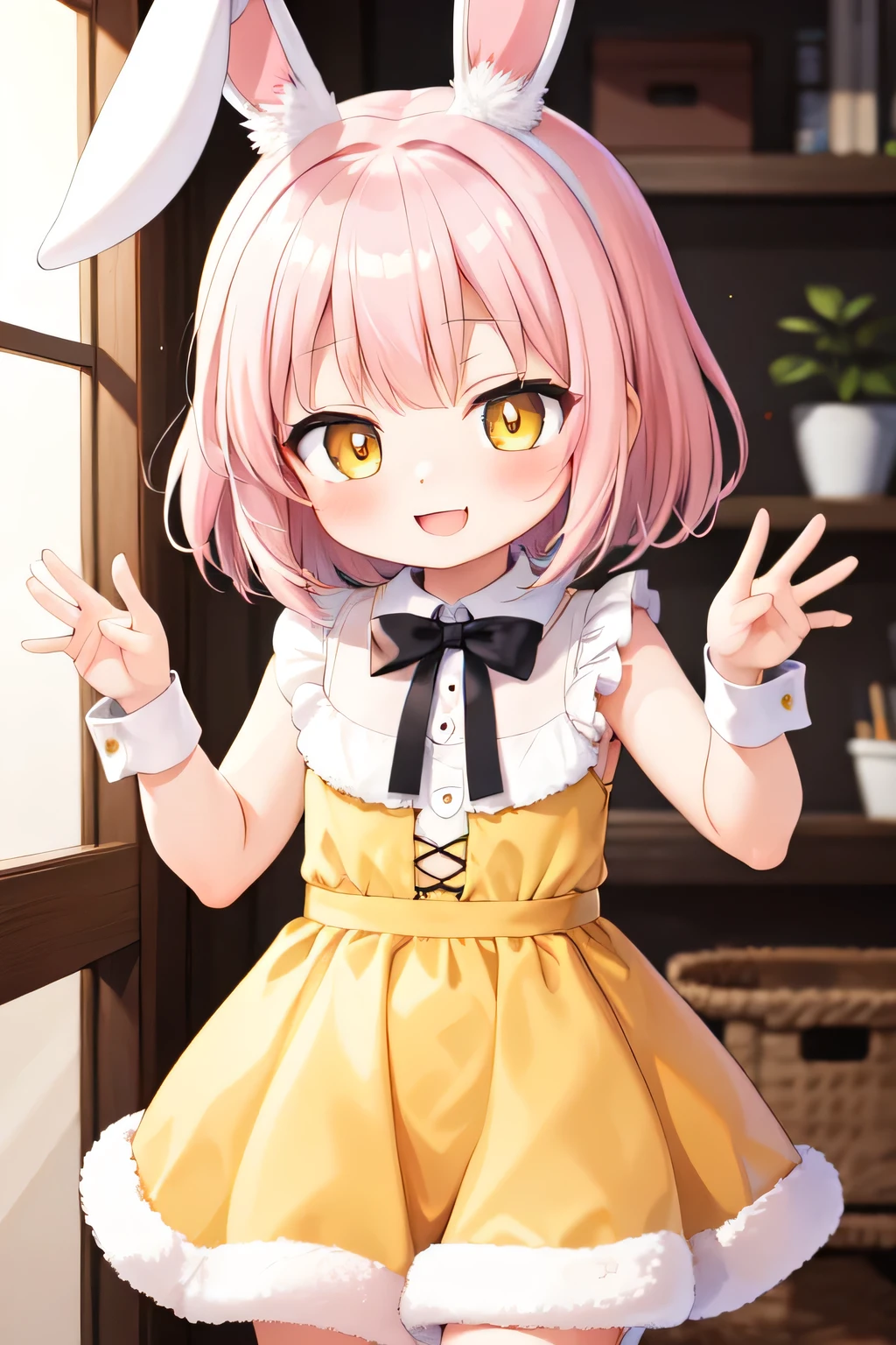 rabbit girl, light pink hair, short hair, happy smile, yellow-eyes, blush, _girl,cute_loli, bbit costume , cheerful, 