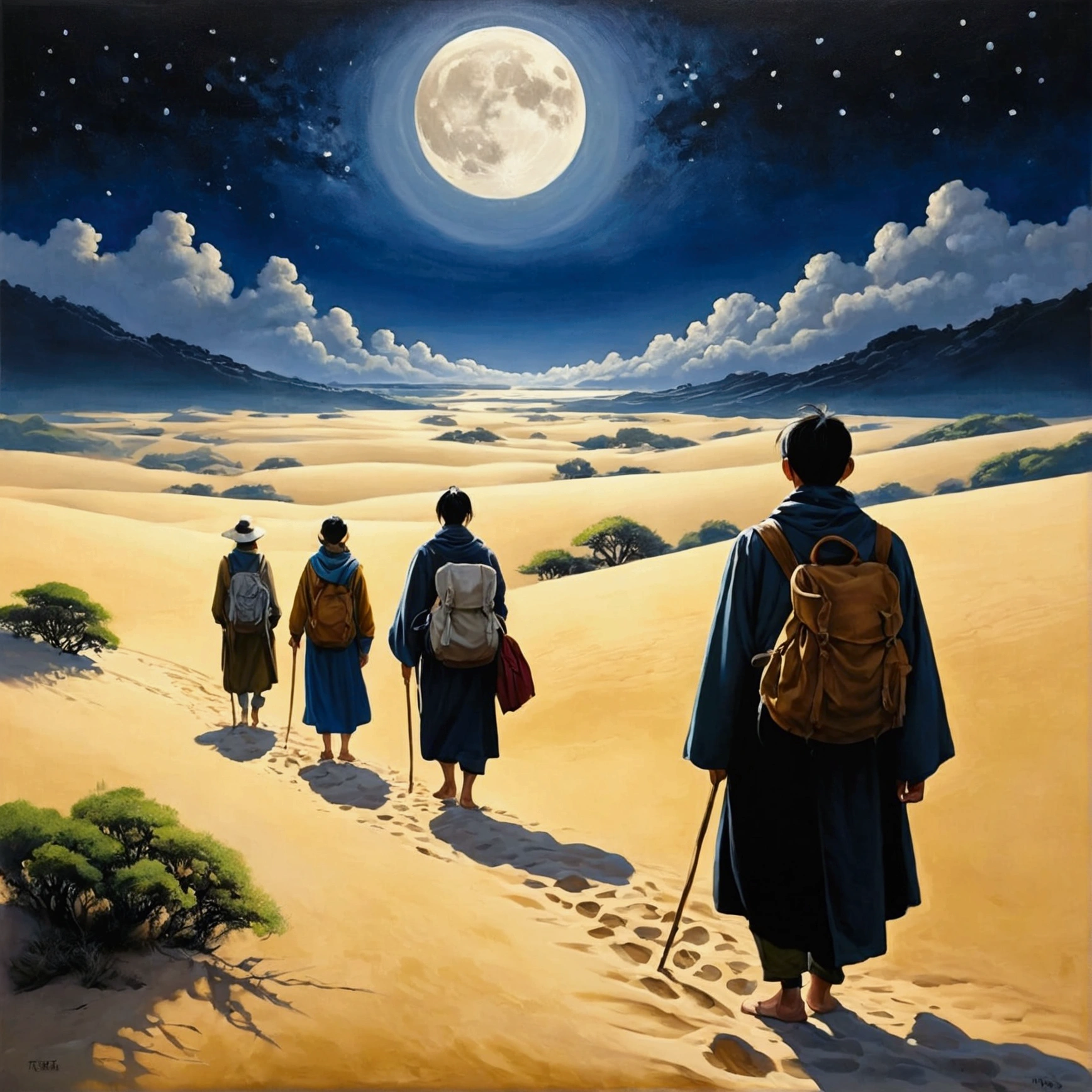 Landscape painting、Moonlit Night、wilderness、Sand Wind、journey、Four Travelers、Back view、