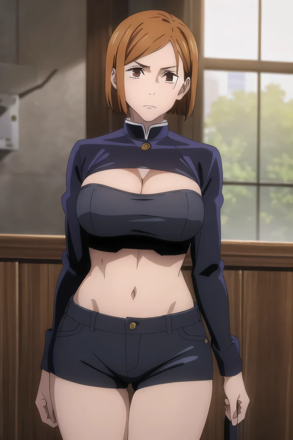 (masterpiece), (best quality), (ultra-detailed), (best illustration), (best shadow), (absurdres), nobarakugisakinova, short hair, orange hair, (((brown eyes))), kugisaki nobara, ((, wearing black bra with skinny shorts)) , large breasts ,cleavage , )), 1girl, solo, bangs, closed mouth, blushing , looking at viewer, upperbody body , close view