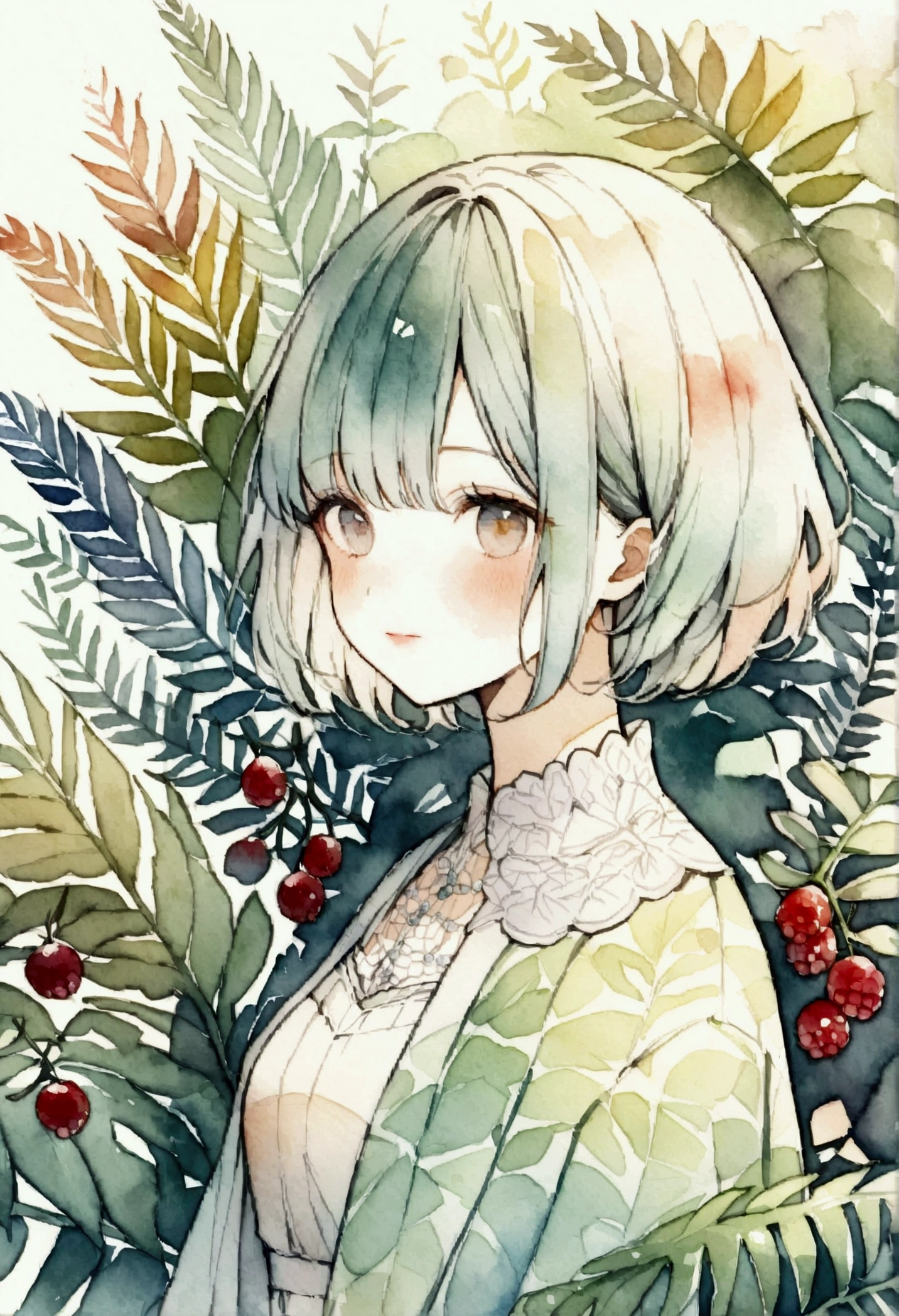 ((Very detailed), #3b4195 background, Beautiful flowers, berry, Ferns, Leaves, Watercolor pattern in calm colors), (Watercolor texture), ((1 girl), short hair, Lovely