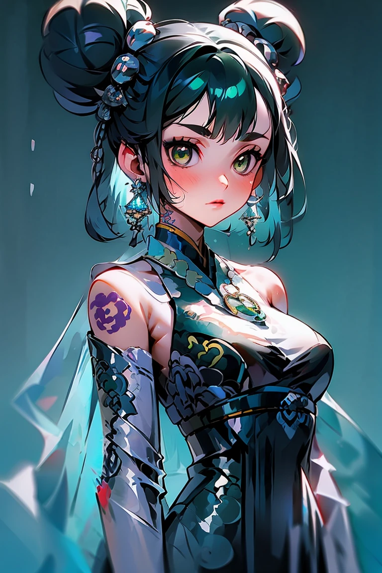1girl, solo, jewelry, earrings, looking at viewer, green eyes, upper body, multicolored hair, hair bun, tattoo, makeup, aqua hair, blue hair, belt, closed mouth, breasts, necklace, lipstick, two-tone hair, double bun