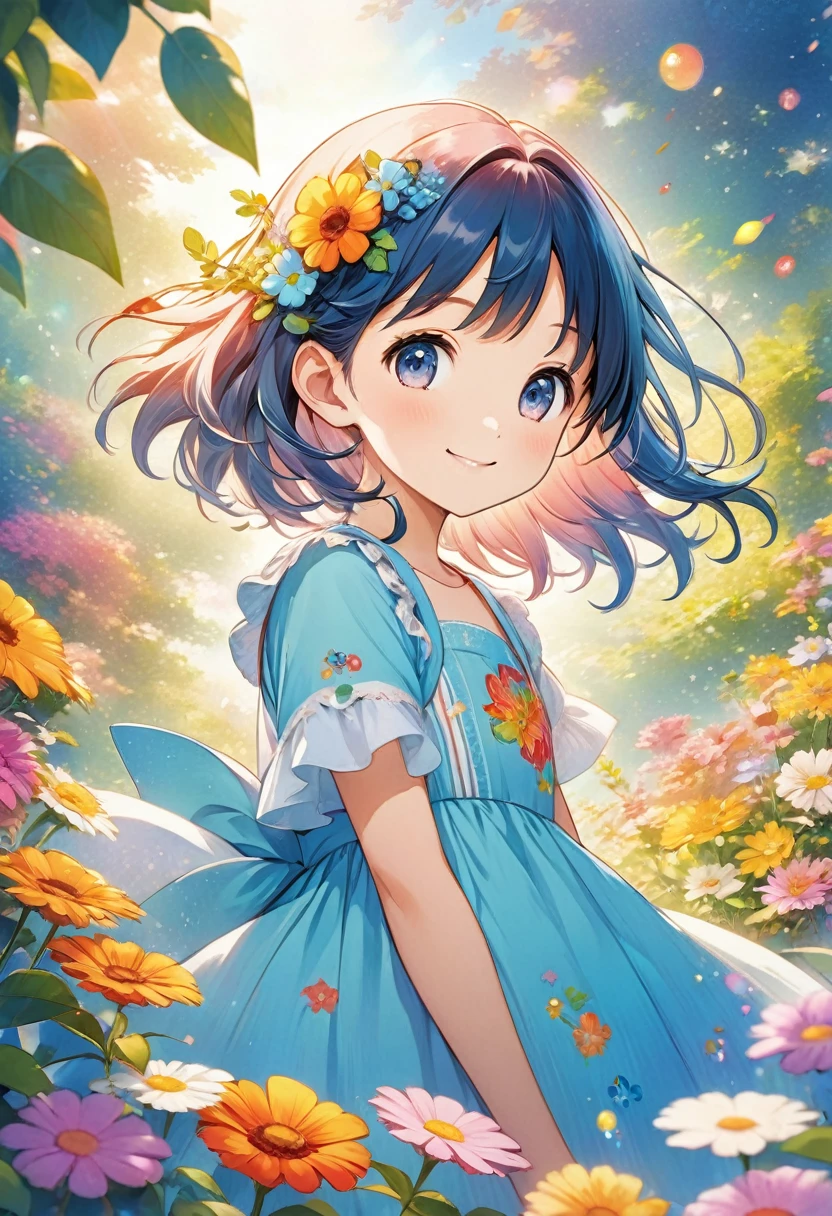 Anime smiling girl with flowers in hair and blue dress, Cute girl anime visuals, Official Artwork, sayori, Official Anime Artwork, digital Anime illustration, Official illustrations, Cute Anime Girl Portrait, Anime illustration, Summer animation style, high detailed Official Artwork, Anime Graphic Illustration, Anime-style illustrations, Official Art, Dreamy psychedelic anime, Beautiful anime portraits