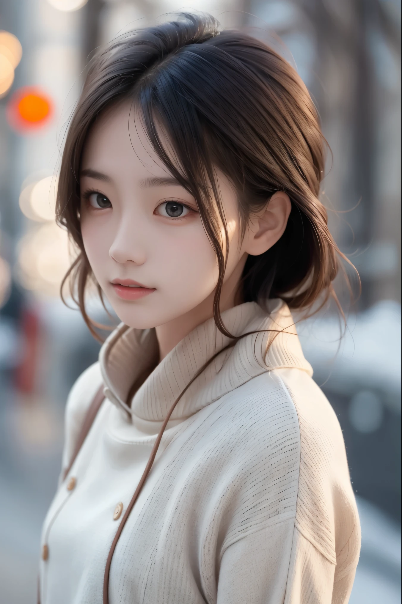 (Masterpiece, 32K, 8000, Wallpaper, High Resolution, Absurd Resources, Original Photos,), (Realistic: 1.5), (Lights), (Detailed Fingers), (High Detail Skin: 1. Beautiful Eyes), Alone, Winters, Snow, Fur Neck Windbreaker, High Neck Sweater, Lace Pantyhose, Wind, Hair Flying,