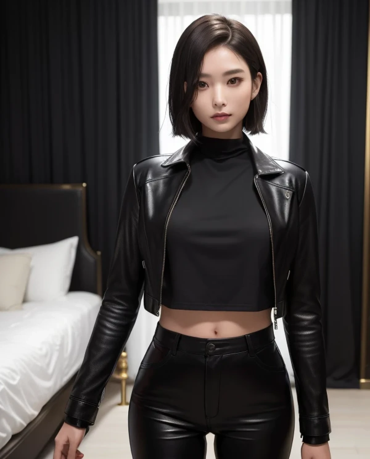 (Standing:Golden ratio figure), (masterpiece), (Sharp eyes), A real photo (2 women), Her hair is cut very short, she is wearing (Luxe Black Horsehide Pants) and (Luxurious Black Horse Leather Jacket), (The woman is satisfied), Dark theme, (Looking at the audience), In the dark bedroom at night, Bikini,,
