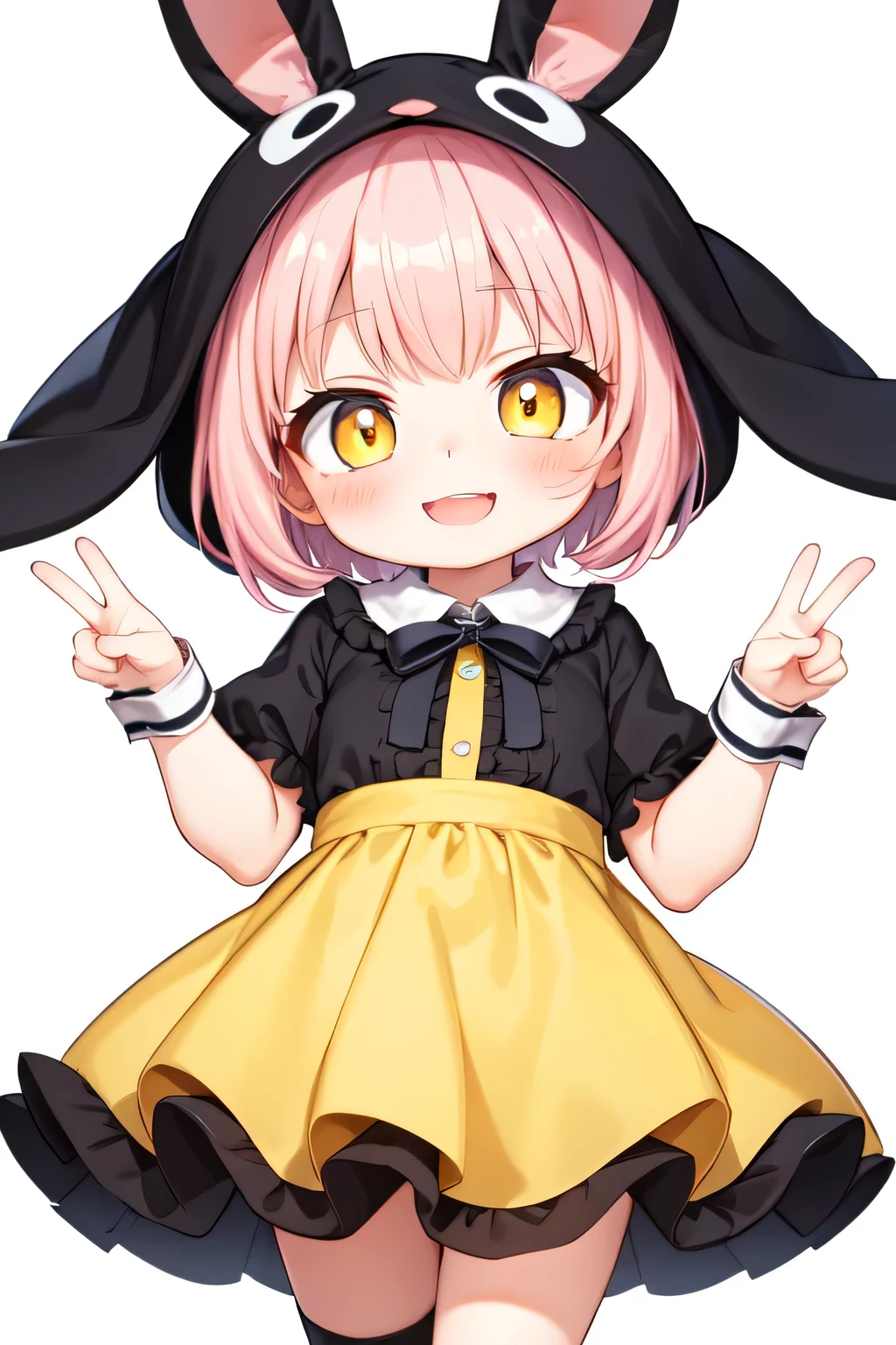 rabbit girl, light pink hair, short hair, happy smile, yellow-eyes, blush, _girl,cute_loli, bbit costume , cheerful, 