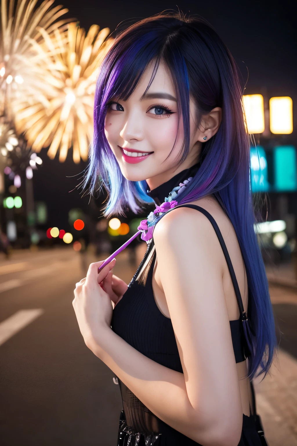 Fireworks in the background、high quality, real、High resolution, Realistic、8k、masterpiece, detailed.impressive, Cutting-edge female photography portraits,Showcasing a bold and daring street-art style. Cool smile、Looking at the camera、Facing forward、cyan, and purple, Her vibrant makeup really catches the eye.. Her colorful hair is tied up high, 