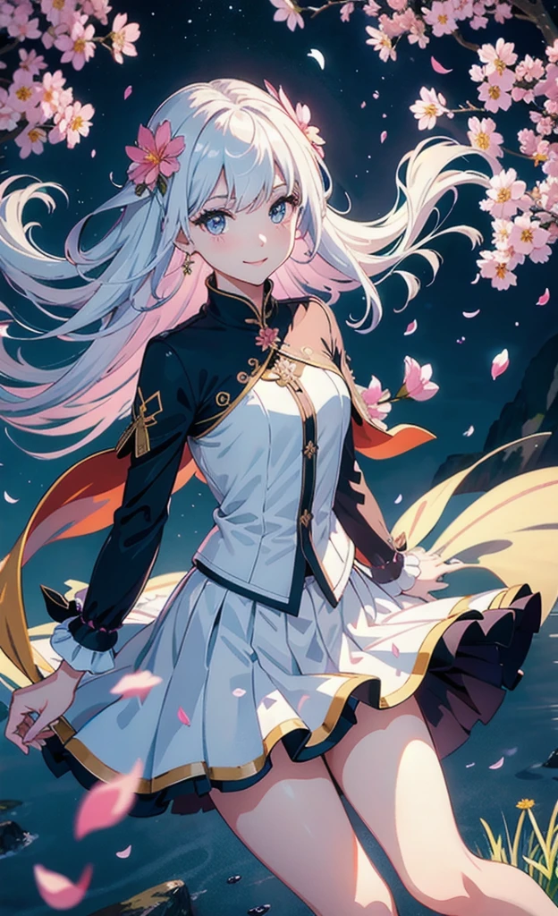 masterpiece, best quality, 1 Girl, (rich and colorful),(Delicate eyes and face), volumatic Light, Light线追踪, Half-length photo ,Extremely detailed CG unity 8k wallpaper,Solitary,Smile,Delicate skirt,((Flying petals)),(Flowering meadow) Sky, cloudy_Sky, moonLight, moon, night, (Dark theme:1.3), Light, fantasy, windy, Magic Spark, dark castle,White hair