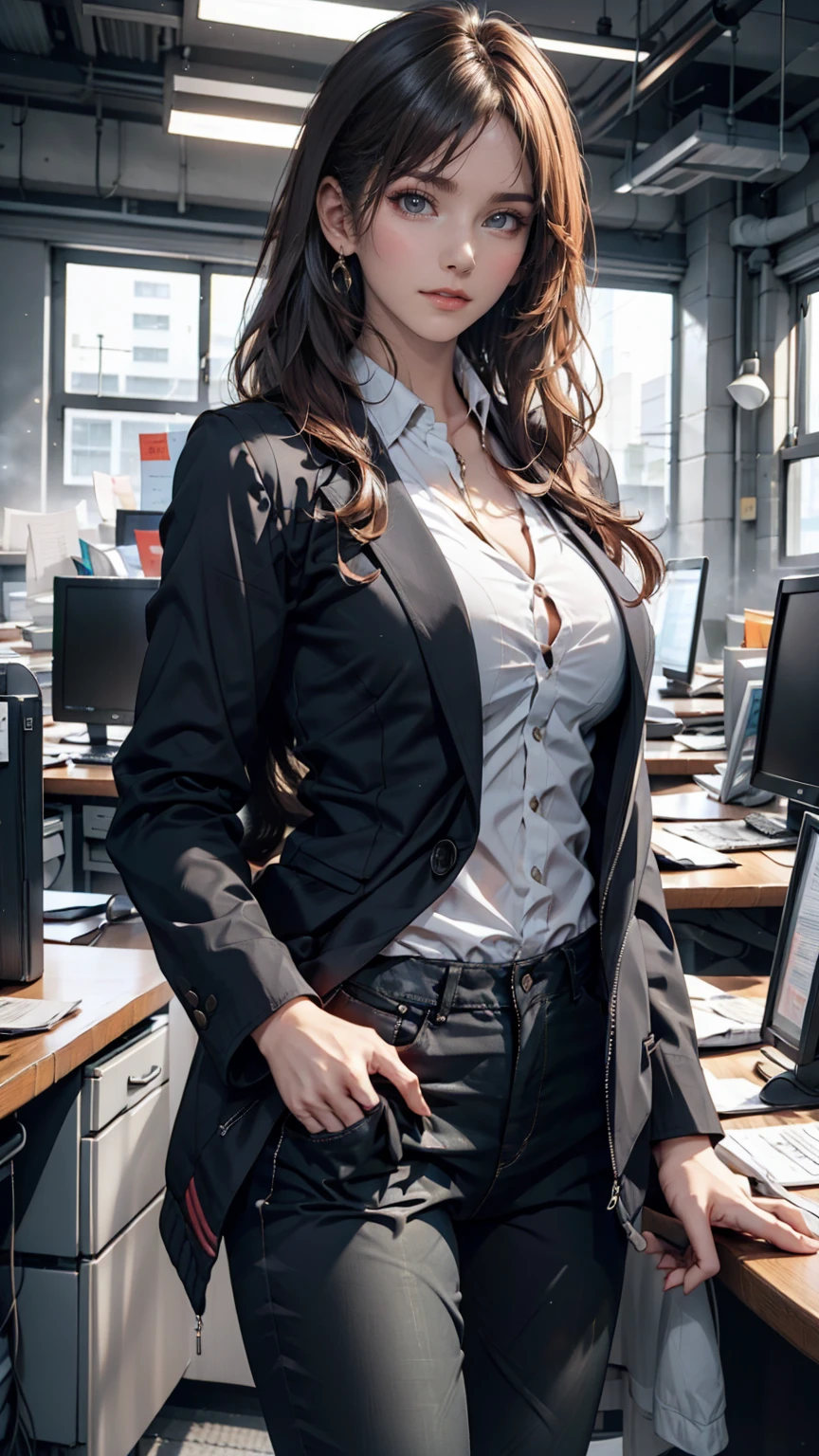 Woman in business casual clothes in office。Fashion-conscious、Wearing a stylish jacket and pants。