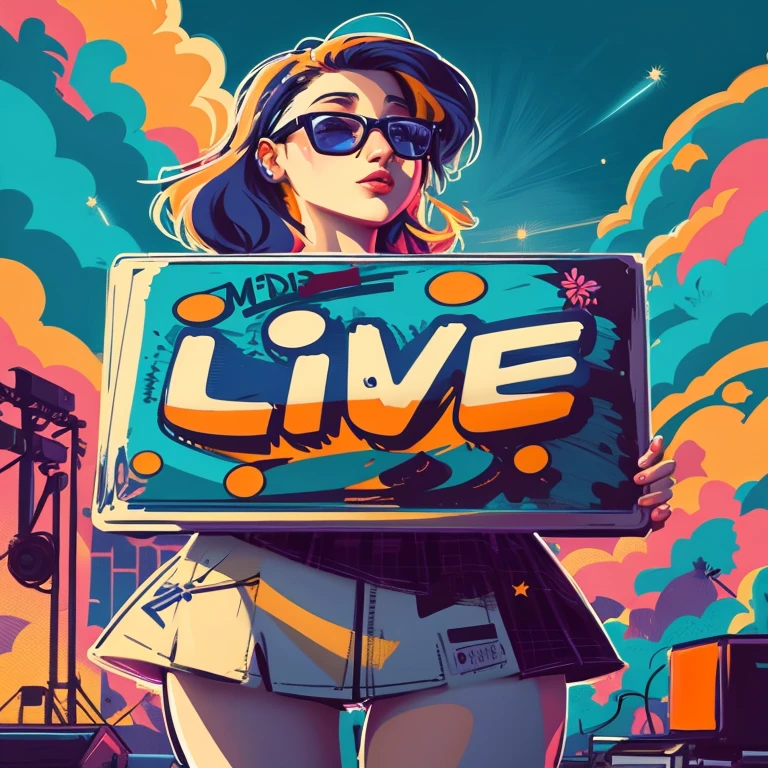 uma mulher segurando uma placa que diz live na sua frente, Live Stream, Just a joke, Live Concert, Live footage, Live 2D, 3HR Festival Music Video Live, Live Performance, Illustration style digital, Adobe Illustrator Art, Bright colors, live, No Cyril Rowland's style, Live Action, Live Action, Inspired by Cyril Rolland