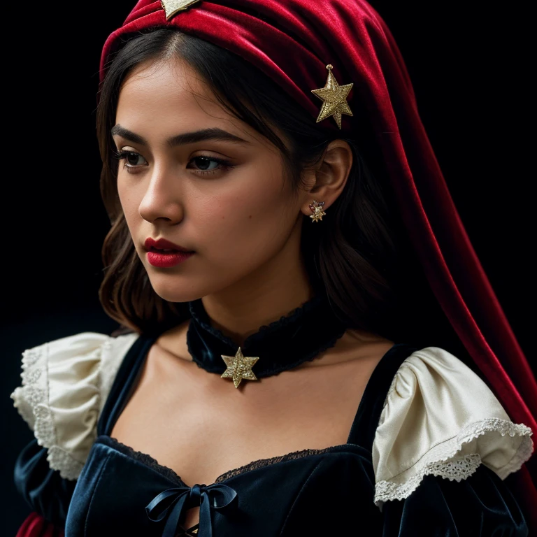 ((extreme detail)),(ultra-detailed), extremely detailed CG unity 8k wallpaper, velvet, figurine, red hood, crop top, star headdress, puffy sleeves, lips, looking away, close-up, head turn, black background