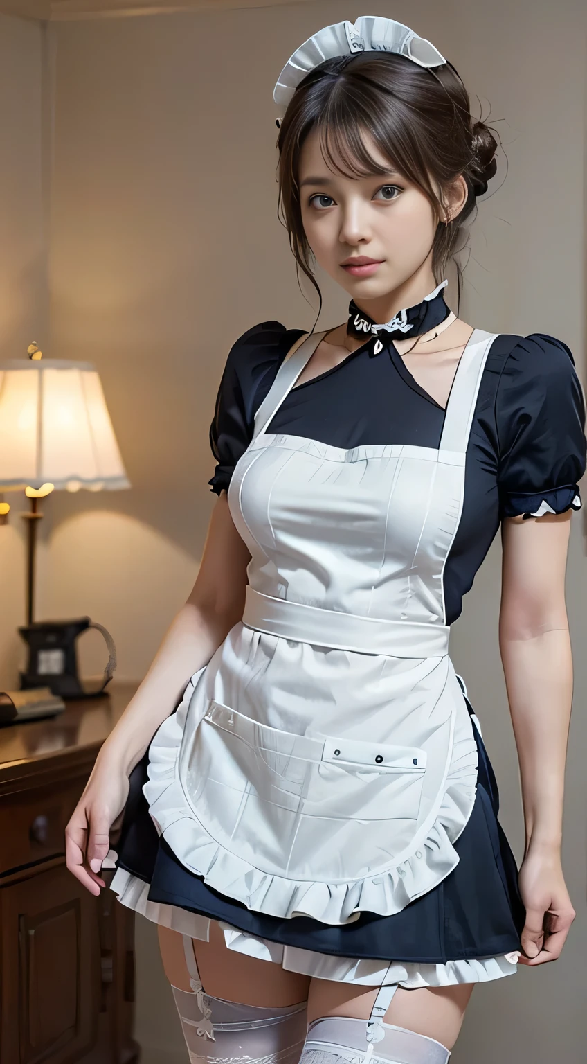 (Raw photo:1.2), masterpiece, In 8K, High resolution, (Photorealistic:1.4), ((Standing in the bedroom:1.4))、((Model pose:1.5))、((Cowboy Shot:1.4))、Surreal Girl, Very detailed目と顔, Beautiful and fine details, Realistic Face, High resolution, Very detailed, Highest quality, ((masterpiece:1.7))、((garter:1.4))、 Very detailed,grow, Mansion, Highest quality, Light on the face, Light, ((Brown single hair bun:1.4))、 18-year-old female, (Looking down and crying 1.2), ((Accentuate your thighs:1.4))、Headdress, ((Dark blue maid clothes:1.5)), Black Ribbon, Puff sleeves, first round, choker, ((White apron with fine frills:1.4)),