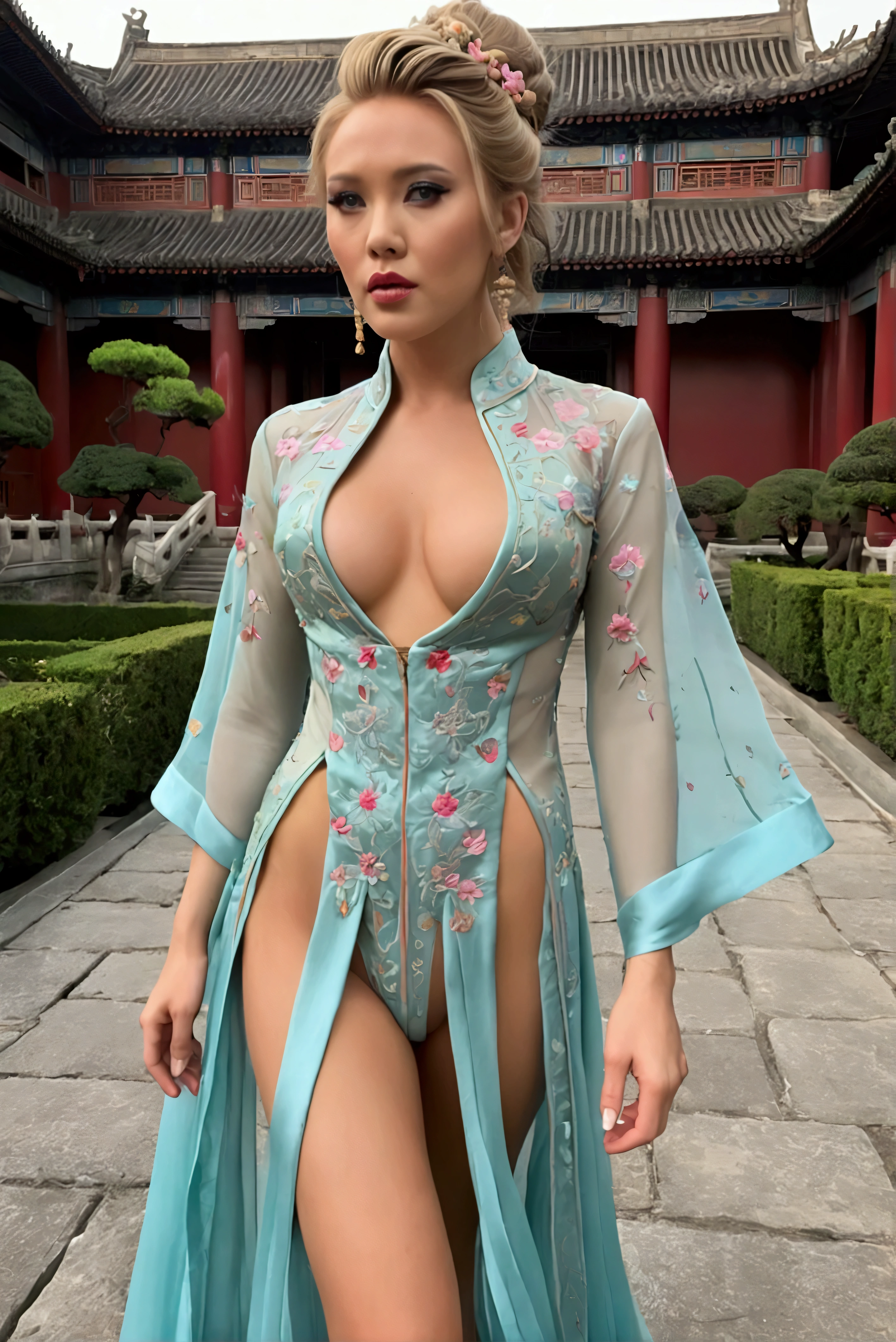 1 woman (Scarlett Johannsson, age 25, intricate silk Chinese dress with lots of embroidery sheer with several large slits, no underwear, traditional hairstyle and Chinese makeup) wandering through a palace garden