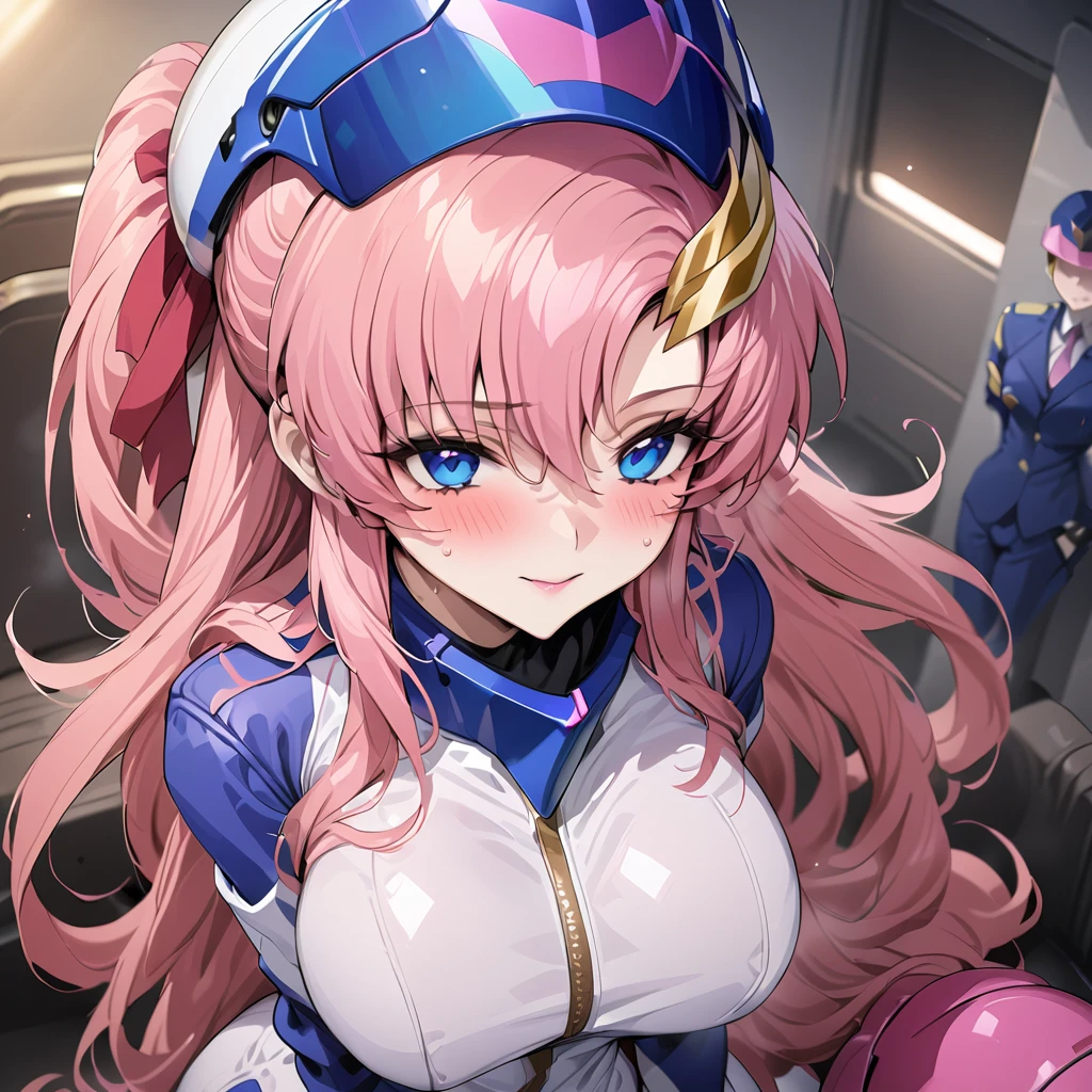 ((Highest quality)), ((masterpiece)), (detailed), （Perfect Face）、Gundam SEED、The woman is Lacus Clyne, with blue eyes, pink medium-long hair and a hair accessory.、The woman is a female officer of the Earth Federation Army, wearing an Earth Federation Army pilot suit and a pilot helmet.